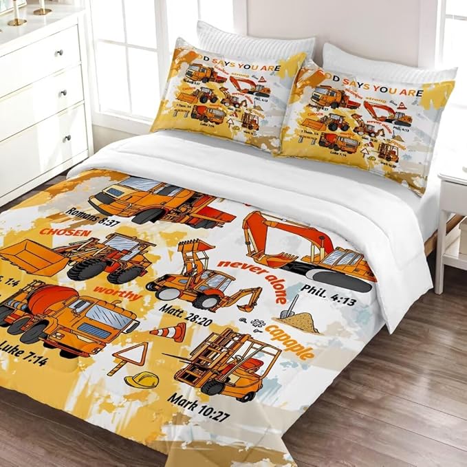 Kids Construction Vehicles Truck Comforter for Boys Queen,Cartoon Car Excavator Tractor Bedding Set,Construction Christian Spirational Quotes Comforter with 2 Pillowcases Yellow - LeafyLoom