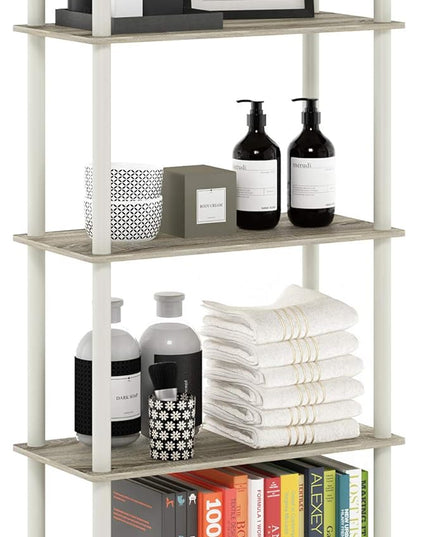 Furinno Turn-N-Tube 5-Tier Multipurpose Shelf / Display Rack / Storage Shelf / Bookshelf, Round Tubes, Sonoma Oak/White - LeafyLoom