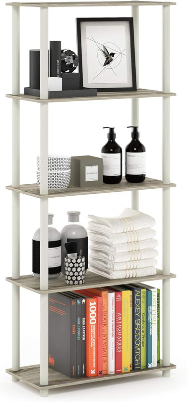 Furinno Turn-N-Tube 5-Tier Multipurpose Shelf / Display Rack / Storage Shelf / Bookshelf, Round Tubes, Sonoma Oak/White - LeafyLoom