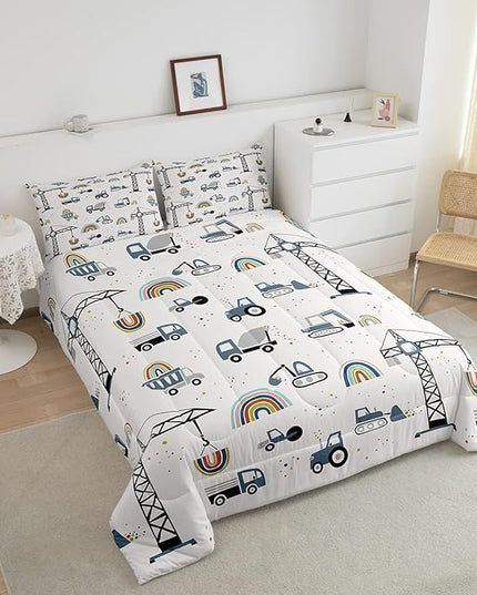 Cute Cars Bedding Set Kids Cartoon Excavator Comforter for Boys Girls Machinery Bulldozer Crane Comforter Set Colorful Rainbow Construction Site Duvet Set Room Decor Quilt Full Size Boys - LeafyLoom