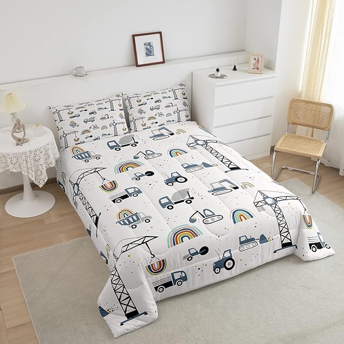 Toddler Cute Cars Bedding Set Cartoon Excavator Kids Comforter Set Boys Construction Vehicles Comforter Equipment Trucks Duvet Set Rainbow Room Decor Tractor Quilt Set Queen Size With 2 Pillow Case - LeafyLoom