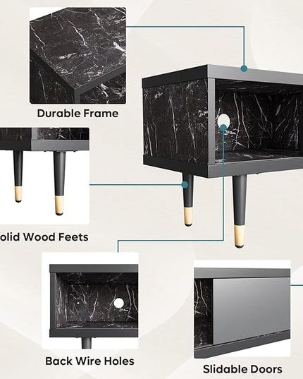 Bestier Mid Century Modern TV Stand for 85 inch tv, Entertainment Center with Storage and Sliding Doors, 2 in 1 Long TV Cabinet for Living Room, Black Marble - LeafyLoom