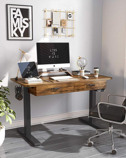 BANTI 48'' Adjustable Height Electric Standing Desk with Double Drawer, Stand Up Home Office Desk with Splice Tabletop, Rustic Brown - LeafyLoom