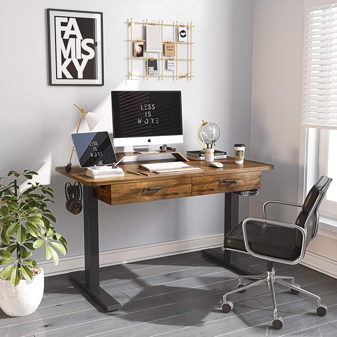 BANTI 48'' Adjustable Height Electric Standing Desk with Double Drawer, Stand Up Home Office Desk with Splice Tabletop, Rustic Brown - LeafyLoom
