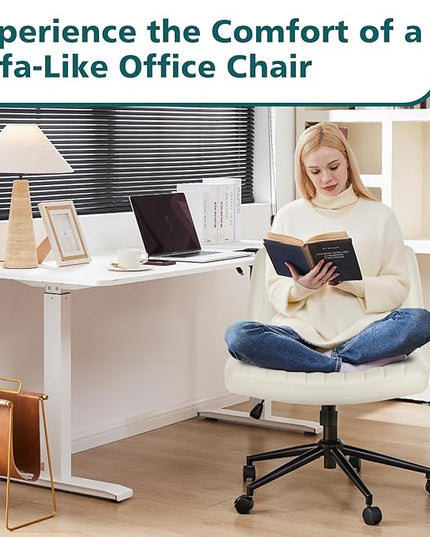 OLIXIS Cross Legged Armless Wide Adjustable Swivel Padded Home Office Desk Chair, Cream with Wheels - LeafyLoom
