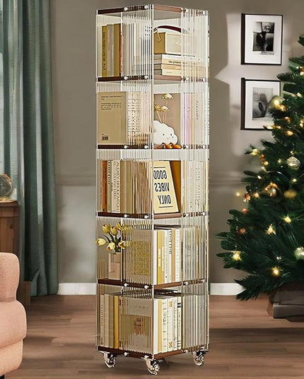 5-Tier Acrylic Book Shelf with Wheels, Mobile Tall Bookcase, Modern Unique Bookshelf Tower, Visible Display Shelf, 360° Rotating Bookshelf Organizer for Home Office Living Room, Walnut - LeafyLoom