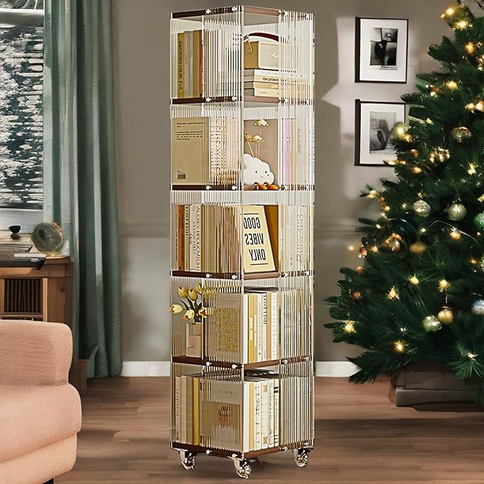 5-Tier Acrylic Book Shelf with Wheels, Mobile Tall Bookcase, Modern Unique Bookshelf Tower, Visible Display Shelf, 360° Rotating Bookshelf Organizer for Home Office Living Room, Walnut - LeafyLoom