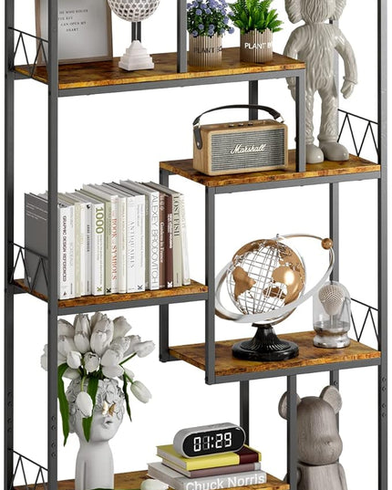 Gizoon 71” Industrial Bookshelves for Storage, Tall Display Etagere 8-Shelves for Bedroom, Metal Frame Staggered Bookcases for Bedroom, Living Room, Home Office, Retro - LeafyLoom