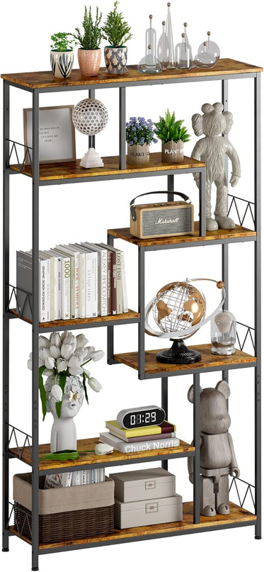 Gizoon 71” Industrial Bookshelves for Storage, Tall Display Etagere 8-Shelves for Bedroom, Metal Frame Staggered Bookcases for Bedroom, Living Room, Home Office, Retro - LeafyLoom