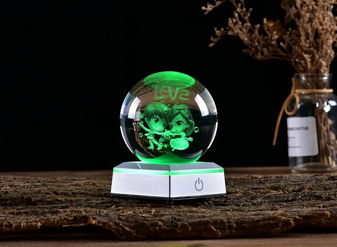 3D Crystal Ball Lovers Model, with Led Lamp Stand, 3.15'' Sweet Couple Glass Ball Decor, Engraved Crystal Sphere with Gift Box, 6 Color Light, Romantic Gifts for Kids Friends Birthday - LeafyLoom