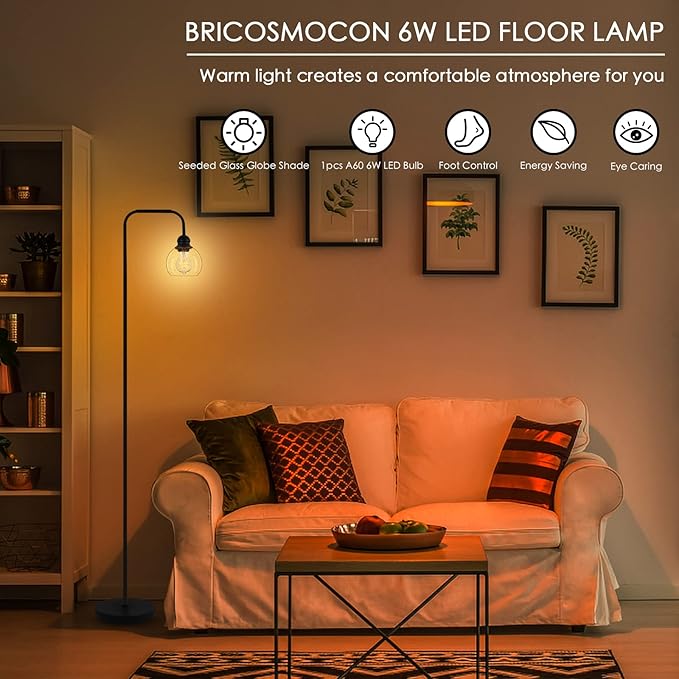 Modern Floor Lamp for Living Room with 6W LED Bulb, Industrial Floor Lamp, Seeded Glass, Black Classic Reading Tall Lamp for Home Office, Standing Lamps for Bedroom, Minimalist, Vintage, Farmhouse - LeafyLoom