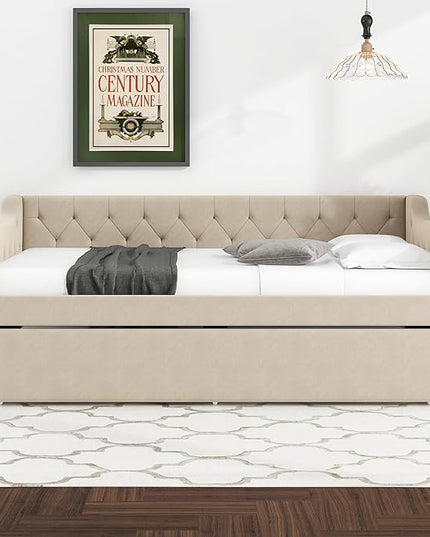 Full Size Velvet Upholstered Tufted Daybed with Twin-Size Trundle,Modern Wood Bed Frame w/Armrests,Slat Support,No Box Spring Needed,Daybeds for Apartment,Bedroom,Guest Room,Beige - LeafyLoom