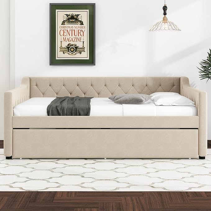 Full Size Velvet Upholstered Tufted Daybed with Twin-Size Trundle,Modern Wood Bed Frame w/Armrests,Slat Support,No Box Spring Needed,Daybeds for Apartment,Bedroom,Guest Room,Beige - LeafyLoom