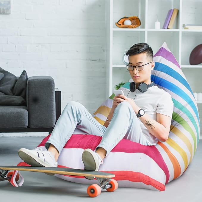 Stuffed Animal Storage Bean Bag Chair Cover Organizer Extra Large Beanbag Stuffed Animal Holder Canvas Stuff Animal Storage Sleeping Storage Bean Bag Chair Without Filling for Kids (Rainbow Style) - LeafyLoom