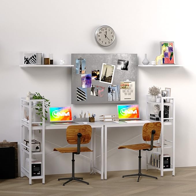4NM 35" Small Computer Desk with 4-Tier Bookshelf, Home Office Desk Writing Workstation Study Table Multipurpose for Small Space Work - All White - LeafyLoom