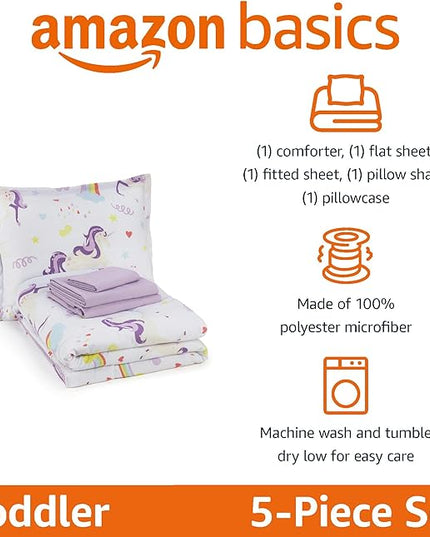 Amazon Basics 5 Piece Microfiber Kid's Bed-in-a-Bag Bedding, Toddler, Unicorn Print - LeafyLoom