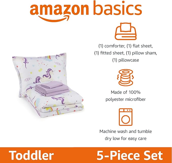 Amazon Basics 5 Piece Microfiber Kid's Bed-in-a-Bag Bedding, Toddler, Unicorn Print - LeafyLoom