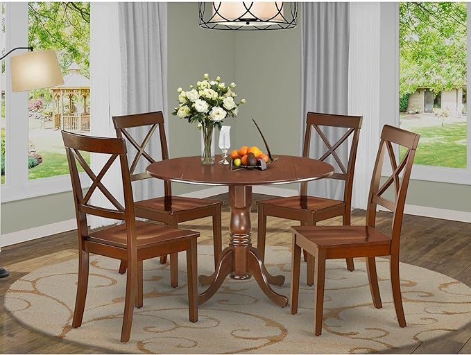 East West Furniture DLBO5-MAH-W 5-Piece Dining Table Set - 4 Dining Room Chairs with Wooden Seat - A Lovely Kitchen Table with Two 9-inch Drop leaves (Mahogany Finish) - LeafyLoom