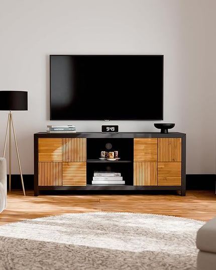 Bme Solid Wood Fluted Fully Assembled Media Console, Craft to Last Center with Soft Close Door & Adjustable Storage Space, Spacious & Unique Entertainment, Madia 60 Inch TV Stand, Black & Teak Brown - LeafyLoom
