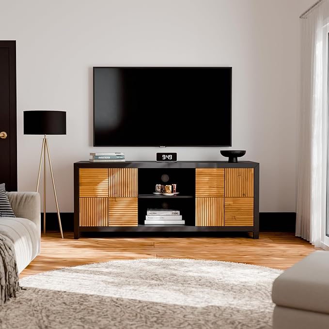 Bme Solid Wood Fluted Fully Assembled Media Console, Craft to Last Center with Soft Close Door & Adjustable Storage Space, Spacious & Unique Entertainment, Madia 60 Inch TV Stand, Black & Teak Brown - LeafyLoom