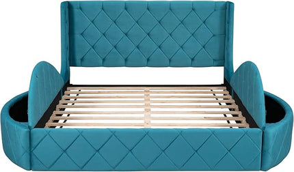 Velvet Upholstered Platform Bed Frame Queen Size with Wingback Headboard, Solid Wood Storage Bed with Spacious Drawer and Convenient Side Storage Stools, Elegant Design, Blue - LeafyLoom