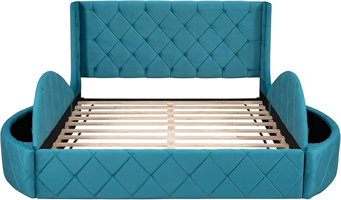 Velvet Upholstered Platform Bed Frame Queen Size with Wingback Headboard, Solid Wood Storage Bed with Spacious Drawer and Convenient Side Storage Stools, Elegant Design, Blue - LeafyLoom