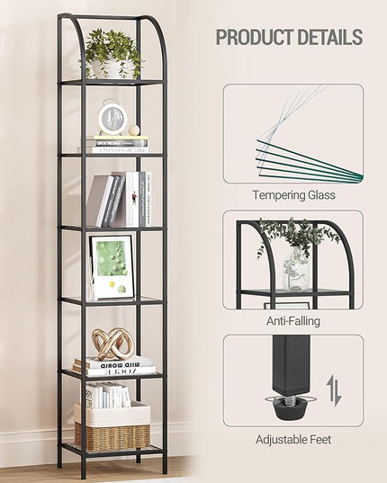 Bookcase Bookshelf, Tempered Glass Arched Bookshelf for More Storage, Slim Shelving Unit for Bedroom, Bathroom, Home Office, Steel Frame, 6 Tier Black BC20699B - LeafyLoom
