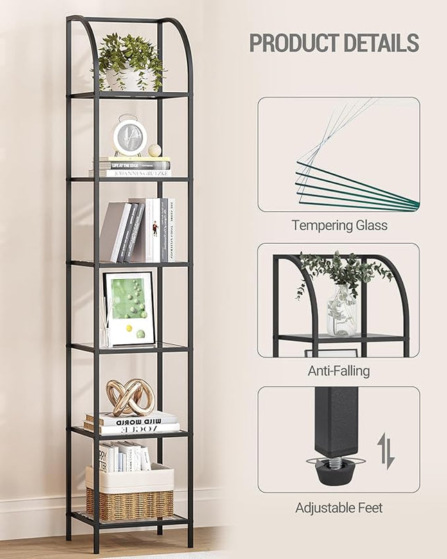 Bookcase Bookshelf, Tempered Glass Arched Bookshelf for More Storage, Slim Shelving Unit for Bedroom, Bathroom, Home Office, Steel Frame, 6 Tier Black BC20699B - LeafyLoom