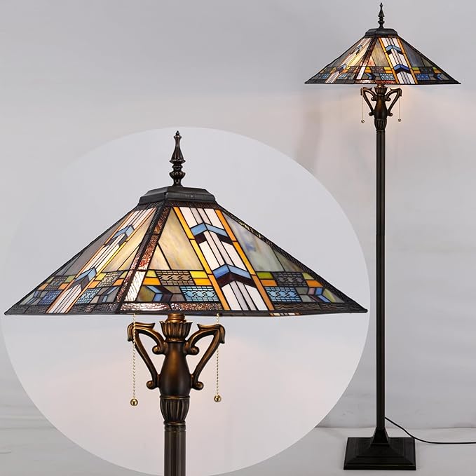Tiffany Floor Lamp Mission Style Stained Glass Standing Reading Light 16X16X64 Inch Blue Cloudy - LeafyLoom