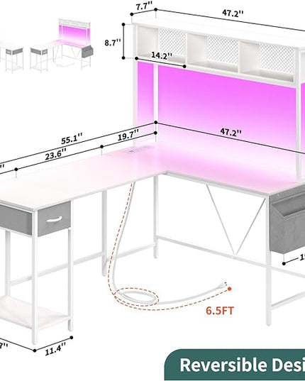 Yoobure L Shaped Desk Gaming Desk with LED Strip & Power Outlet, Reversible L-Shaped Computer Desk with Storage Shelf & Drawer, Corner Desk with Storage Bag, 2 Person Home Office Desk, White - LeafyLoom