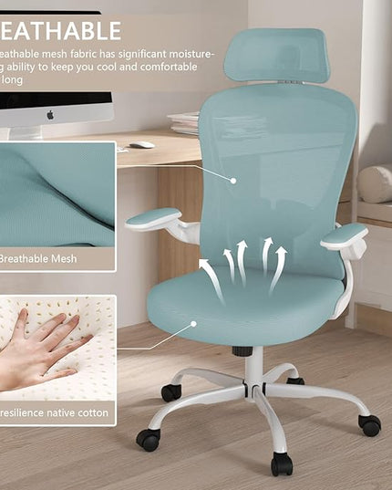 Office Chair, High Back Ergonomic Desk Chair, Breathable Mesh Desk Chair with Adjustable Lumbar Support and Headrest, Swivel Task Chair with flip-up Armrests, Executive Chair for Home Office - LeafyLoom