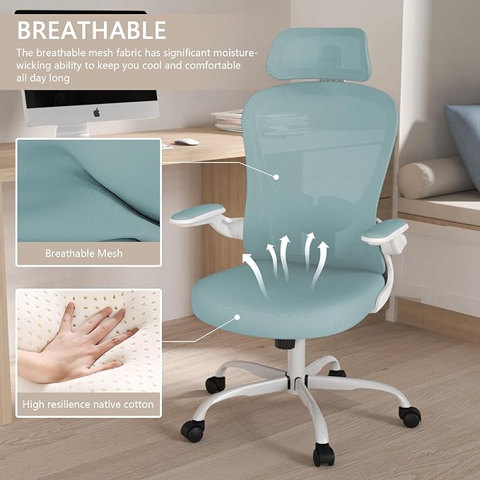 Office Chair, High Back Ergonomic Desk Chair, Breathable Mesh Desk Chair with Adjustable Lumbar Support and Headrest, Swivel Task Chair with flip-up Armrests, Executive Chair for Home Office - LeafyLoom