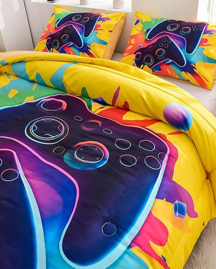 Aimuan Gamer Gaming Bedding Sets 3D Gamepad Comforter Sets for Boys Games Console Action Buttons Novelty Colorful Game Controller Modern Room Decor Home Quilt Set (Full, Yellow) - LeafyLoom
