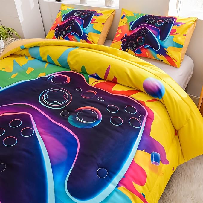 Aimuan Gamer Gaming Bedding Sets 3D Gamepad Comforter Sets for Boys Games Console Action Buttons Novelty Colorful Game Controller Modern Room Decor Home Quilt Set (Full, Yellow) - LeafyLoom