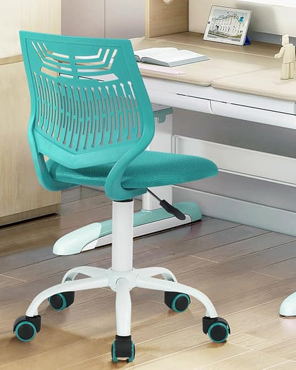FurnitureR Desk Chair Armless Home Office Task Chair with Mesh Padded Cushion Swivel Study Chair with Rolling Wheels for Kids Teens Children, Turquoise - LeafyLoom