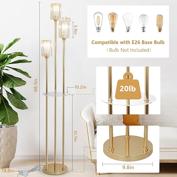 HMVPL Gold Floor Lamps for Living Room, Modern Floor Lamp with Shelves, Crystal Standing Lamps with Table, Brass Floor Lamp with Crystal Shade, On/Off Switch, Mid Century Corner Floor Lamp for Bedroom - LeafyLoom