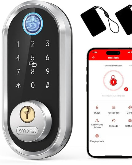 Smart Deadbolt, SMONET Fingerprint Electronic Deadbolt Door Lock with Keypad-Bluetooth Keyless Entry Front Door Digital Keypad App Control, Ekeys Sharing, App Monitoring Auto Lock for Homes and Hotel SMONET