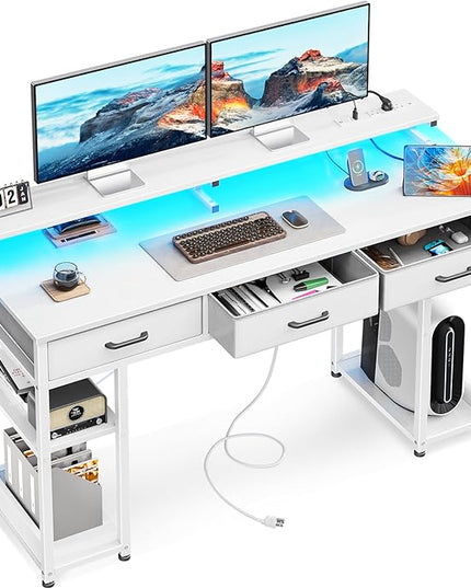 AODK 55 inch Computer Desk with 3 Drawers, Gaming Desk with LED Lights & Power Outlets, Home Office Desk with Storage Shelves & Monitor Stand, Modern Work Study Writing Table for Small Spaces, White - LeafyLoom