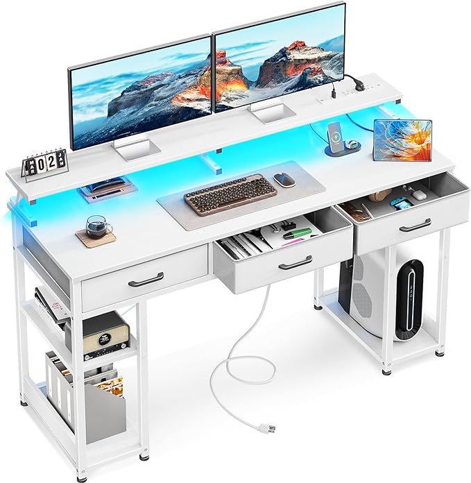 AODK 55 inch Computer Desk with 3 Drawers, Gaming Desk with LED Lights & Power Outlets, Home Office Desk with Storage Shelves & Monitor Stand, Modern Work Study Writing Table for Small Spaces, White - LeafyLoom