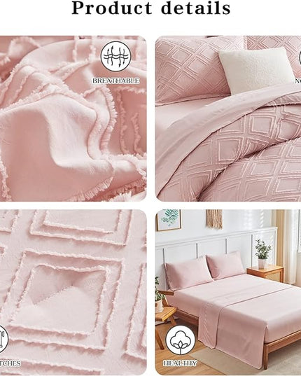 7 Pieces Tufted Bed in a Bag King Comforter Set with Sheets Blush, Soft and Embroidery Shabby Chic Boho Bohemian, Luxury Solid Color with Diamond Pattern, Jacquard Tufts Bedding Set for All Season - LeafyLoom