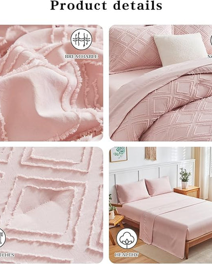 7 Pieces Tufted Bed in a Bag Queen Comforter Set with Sheets Blush, Soft and Embroidery Shabby Chic Boho Bohemian, Luxury Solid Color with Diamond Pattern, Jacquard Tufts Bedding Set for All Season - LeafyLoom