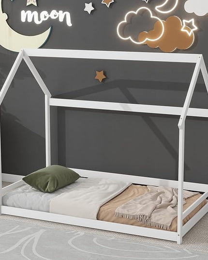 Twin Size Wood House Bed,Wood Platform Bed with Storage Shelves and Hanger,Floor Twin Size Montessori Bed Frame, Kids Boys Girls Bedroom,Living Room,No Box Spring Required,White - LeafyLoom
