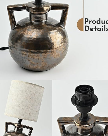 Rustic Farmhouse Ceramic Table Lamp Set of 2, Retro Bedsides Lamps Bedroom with Beige Fabric Lampshade Jar Lamps for Nightstand, 12” Small Table Lamp for Bedroom Living Room Office End Table Art Deco - LeafyLoom