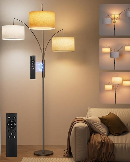 36W LED Arc Floor Lamp with 3 Fabric Shades, 3000LM Super Bright Standing Lamp with Remote Control & Touch, Stepless Dimming, Individual Light Control for Living Room, Bedroom - LeafyLoom