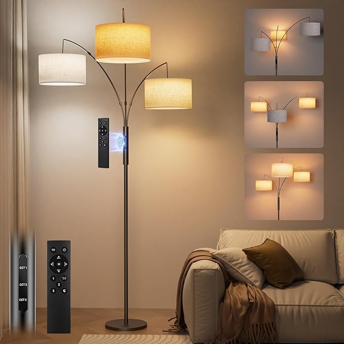 36W LED Arc Floor Lamp with 3 Fabric Shades, 3000LM Super Bright Standing Lamp with Remote Control & Touch, Stepless Dimming, Individual Light Control for Living Room, Bedroom - LeafyLoom