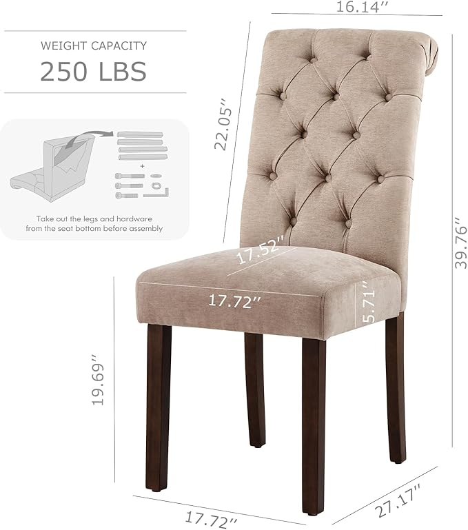 COLAMY Button Tufted Dining Chairs Set of 2, Parsons Upholstered Fabric Dining Room Chairs Kitchen Chairs with Wood Legs and Padded Seat, Taupe - LeafyLoom