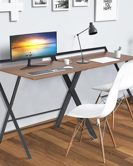 Folding Desk, Foldable Table Space Saving Computer Sturdy Writing Table Workstation for Home Office with Metal Frames/Wood Top Laptop, No Assembly Required, Brown - LeafyLoom