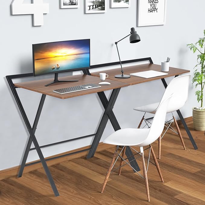Folding Desk, Foldable Table Space Saving Computer Sturdy Writing Table Workstation for Home Office with Metal Frames/Wood Top Laptop, No Assembly Required, Brown - LeafyLoom