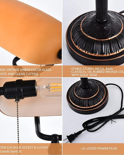 Rustic Desk Lamp Pull Chain, Traditional Bankers Desk Lamp with USB Port, Vintage Farmhouse Table Lamp for home office library - LeafyLoom