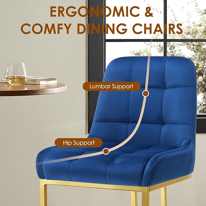 STARY Upholstered Velvet Armless Dining Room Chairs with Gold Metal Legs for Kitchen Restaurant, Blue- Set of 4 - LeafyLoom